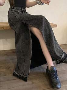 DAZY 女士不对称开衩中长牛仔裙，黑色，春夏款 - 灰色 - 查看 3