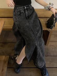 DAZY 女士不对称开衩中长牛仔裙，黑色，春夏款 - 灰色 - 查看 4