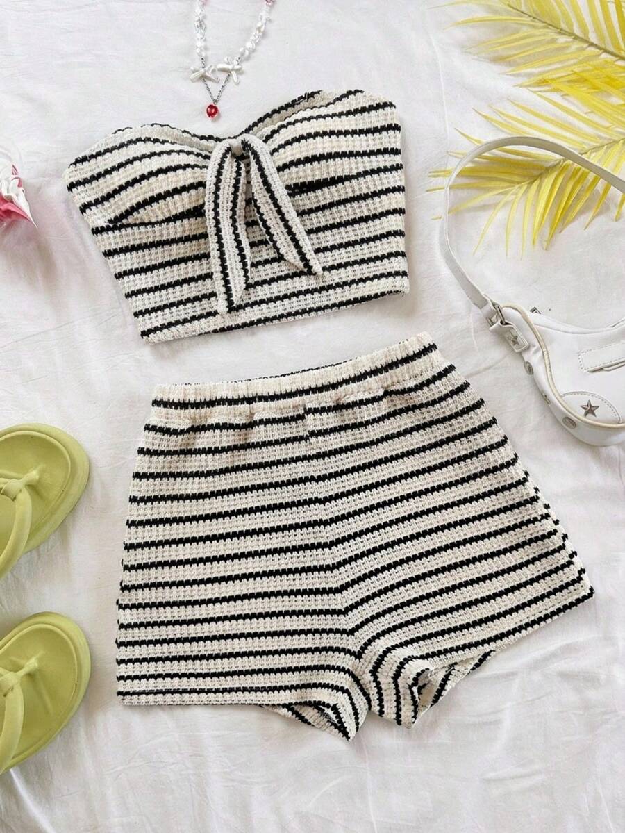 SHEIN Bộ đồ hai mảnh dành cho thiếu nữ, áo hai dây và quần short siêu ngắn, màu hồng, thích hợp cho kỳ nghỉ hè, ở nhà và các dịp thiếu niên. - màu đen - Xem 1