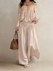 Livesso Sequin Patchwork Off-Shoulder Long Sleeve Top And Wide Leg Pants 2 Pieces Set For Women - Apricot - View 1