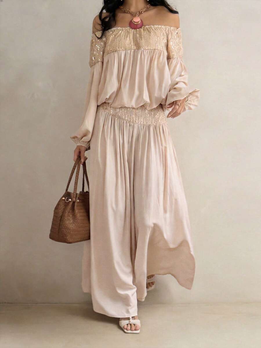 Livesso Sequin Patchwork Off-Shoulder Long Sleeve Top And Wide Leg Pants 2 Pieces Set For Women - Apricot - View 1