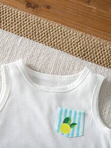 Bộ 3 món cho bé trai in hình quả chanh: áo ba lỗ cổ tròn có túi, quần short và mũ. - trắng - Xem 7