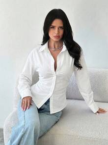 Firerie 女士蓝白条纹长袖衬衫，系带腰身，休闲通勤衬衫，度假衬衫，收腰条纹衬衫，适合春、夏、秋、冬四季穿着，优雅，度假风，波西米亚风，工作装 - 白色 - 查看 5