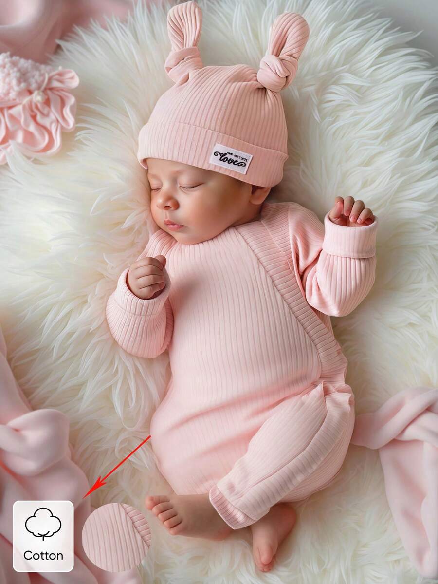 SHEIN Bộ 2 trang phục chụp ảnh cho bé gái sơ sinh gồm áo liền quần nhún bèo màu hồng kèm mũ thắt nút, đạo cụ chụp ảnh trẻ sơ sinh - Hồng - Xem 1