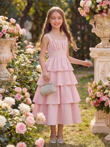 Pitira Tween Girls Summer Elegant Soft Pink Ruched Strap Double-Layer Flounce Hem Maxi Dress,French Fairy Princess Dress For Party,Holiday,Wedding&Birthday - Pink - View 4
