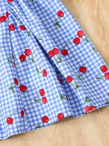 Vestido casual de verano con estampado de cuadros azules y cerezas, decorado con moño, para niñas jóvenes - Azul - Ver 3