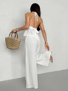 SHEIN PETITE Ensemble décontracté et élégant pour femmes/Top décoré de coquillages/Top à bretelles croisées dans le dos/Ensemble d'été/Ensemble blanc/Ensemble sexy - Blanc - Voir 2
