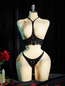 SpicyHot Sexy Lingerie Set: Lace Halter Neck + Open Back Design, 2pcs Set To Add Sultry Charm To Nighttime Looks - Black - View 1