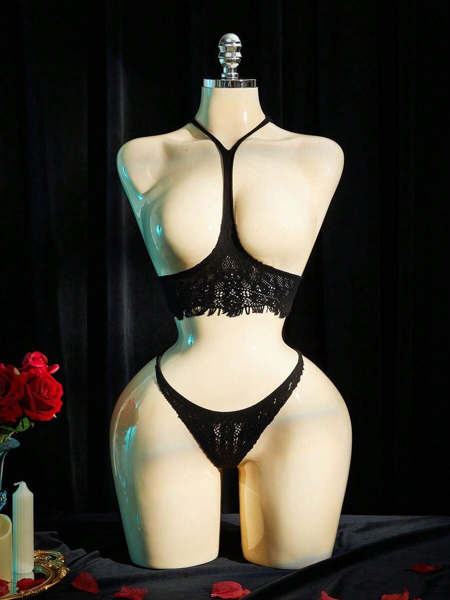 SpicyHot Sexy Lingerie Set: Lace Halter Neck + Open Back Design, 2pcs Set To Add Sultry Charm To Nighttime Looks - Black - View 1