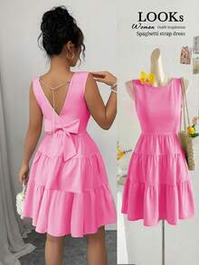 Elenzga Women Elegant Solid Color Waist Cinched Sleeveless Chain & Bow Decor Midi Dress - Pink - View 8