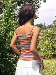 SHEIN EZwear Summer Rainbow Stripe Print Camis Top - Multicolor - View 2