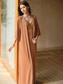 MOTF PREMIUM LACE PATCHWORK LONG ROBE - Brown - View 6