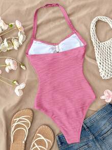 SHEIN Teen Girls V-Neck Floral Metal Buckle Tie Strap White Textured Knit Fitted One-Piece Swimsuit Vacation Swimsuit - Hot Pink - View 2