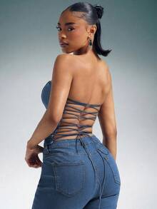 Denimoi Open Back Lace Up Denim Corset Top Sexy Tops Denim On Denim Fashionable Tops - Medium Wash - View 5