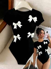 Elenzga Women's Bow Decor Round Neck Short Sleeve Bodysuit - Black and White - View 3