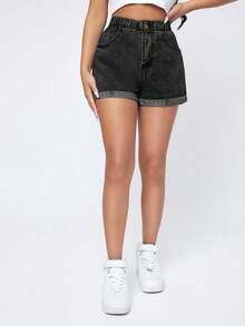 Flexra High Waist Slant Pocket Casual Everyday Denim Shorts Vacation Dark Wash Summer - Dark Grey - View 3