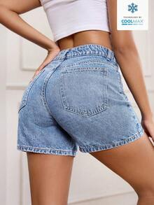 SHEIN PETITE Washed Denim Casual Shorts For Summer - Light Wash - View 2