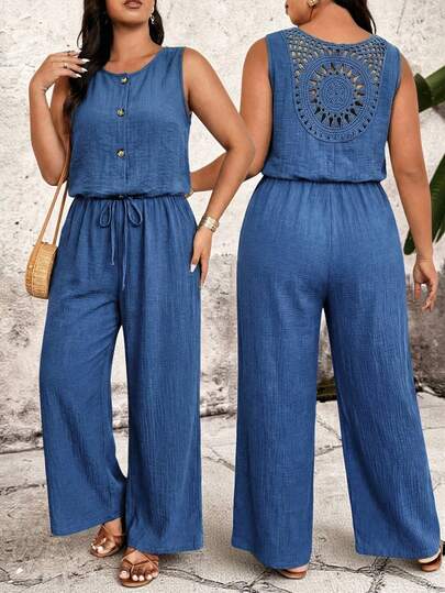 Breezaya Plus Size Solid Color Round Neck Backless Lace Sleeveless Elastic Waist Jumpsuit With Buttons Summer Beach Formal Vacation Dress Women Sky Blue Boho