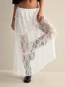 Easelle Pastal Lace Elastic Waist Skirt For Women, Flower Summer Boho Girlisim Picnic Holiday Festival,Casual Long Western Country Concert Music Golf - White - View 3