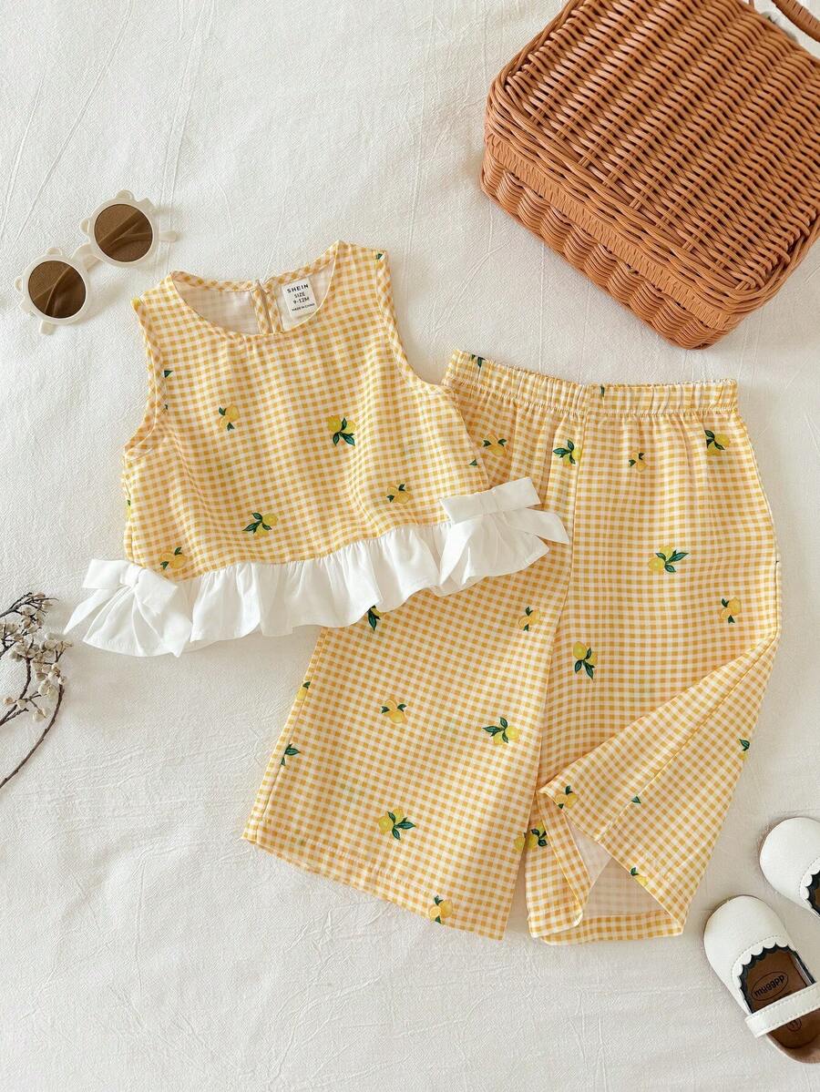 SHEIN 2pcs/Set Baby Girl Casual Cute Vacation Yellow Plaid Ruffle Trim Camisole And Elastic Waist Pants Set - Multicolor - View 1