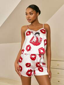 Betty Boop x SHEIN 女士唇印吊带背心和短裤睡衣套装 - 白色 - 查看 6