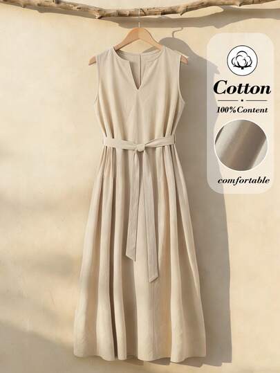 Rusticease 女士休闲无袖中长连衣裙，纯色，夏季