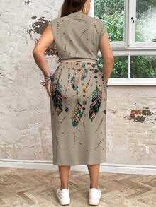 SHEIN LUNE Conjunto informal minimalista de dos piezas con cuello redondo holgado, estampado gráfico de plumas vintage, para mujeres de talla grande, adecuado para primavera y verano, conjunto de falda, ropa occidental para mujeres - Caqui - Ver 2