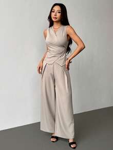 SHEIN PETITE 女士套装，优雅通勤装，适合秋冬季 - 杏色 - 查看 6