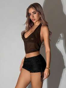 SHEIN ICON 女士科切拉音乐会黑色夜店性感外出抽绳腰紧身短裤 - 黑色 - 查看 6