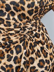 SOLERSUN Plus Size Women Leopard Print Asymmetric Contrast Lace Hem Fashion Dress - Brown - View 7