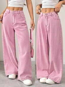 SHEIN PETITE 女士高腰水洗粉色阔腿牛仔裤，休闲夏季穿搭，女士宽松口袋喇叭裤腿休闲牛仔裤 - 粉色 - 查看 8
