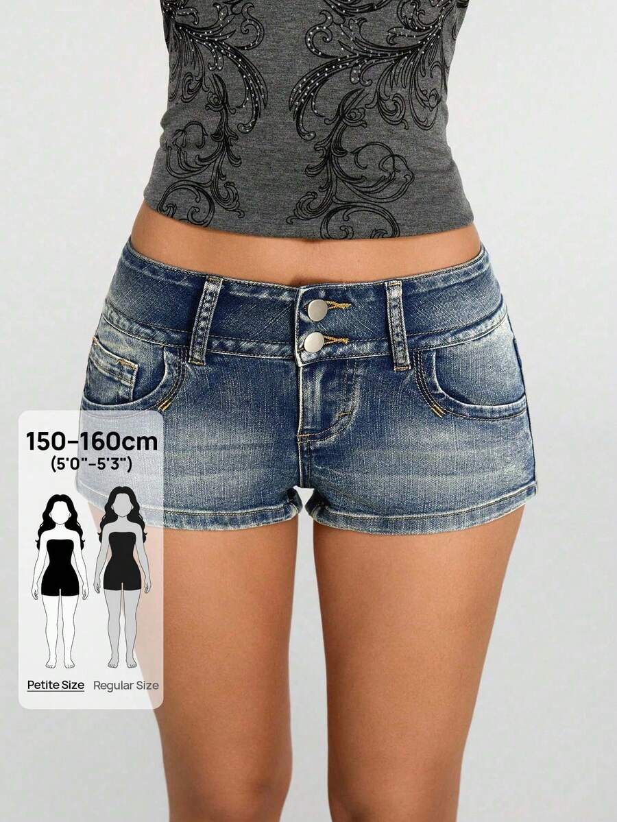 Jeanoix Petite 女士Y2K夏季休闲时尚街头风日常通勤低腰牛仔短裤 - 淺色水洗藍 - 查看 1