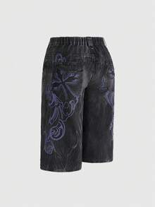 Plus Size Retro Street Style Back Pocket Floral Embroidery Pattern Loose Denim Capri Shorts - Blue - View 5