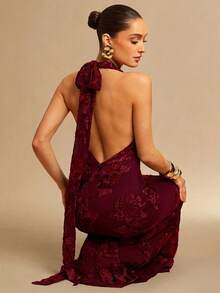 Silquee 深V领露背3D刺绣花卉美人鱼连衣裙，性感优雅，适合约会、外出、夜店、派对、鸡尾酒会、情人节和夜间活动。 - 酒紅色 - 查看 1