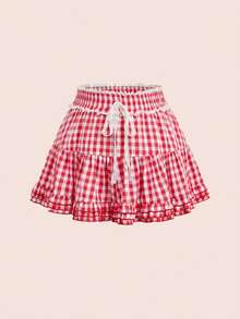 Sweetness Plus Size Cute Floral Ruffled Gingham Mini Skirt - Red and White - View 1