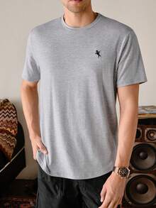 VeloEdit Men's Casual Embroidered Detail Short Sleeve T-Shirt, Summer - Light Grey - View 7