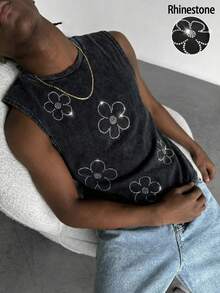 Manfinity Homme Áo tank top nam phong cách đường phố retro họa tiết hoa đính đá giả, áo vest dự lễ hội âm nhạc. - màu đen - Xem 3