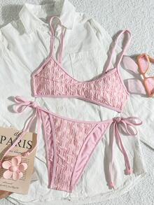 Swim Mod Women's 2-Piece Summer Beach Swimsuit, Special Fabric Spaghetti Strap Backless Bandeau Crop Top And Side Tie Bikini Bottom, Teenage Girl Swimwear Set - Pink - View 1
