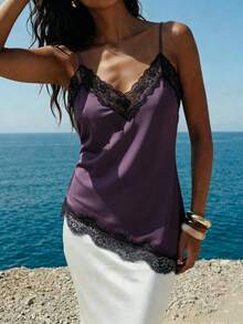 Nevyona Women's Lace Patchwork Asymmetrical Camisole, Sexy & Sleeveless, Spring/Summer - Purple - View 4