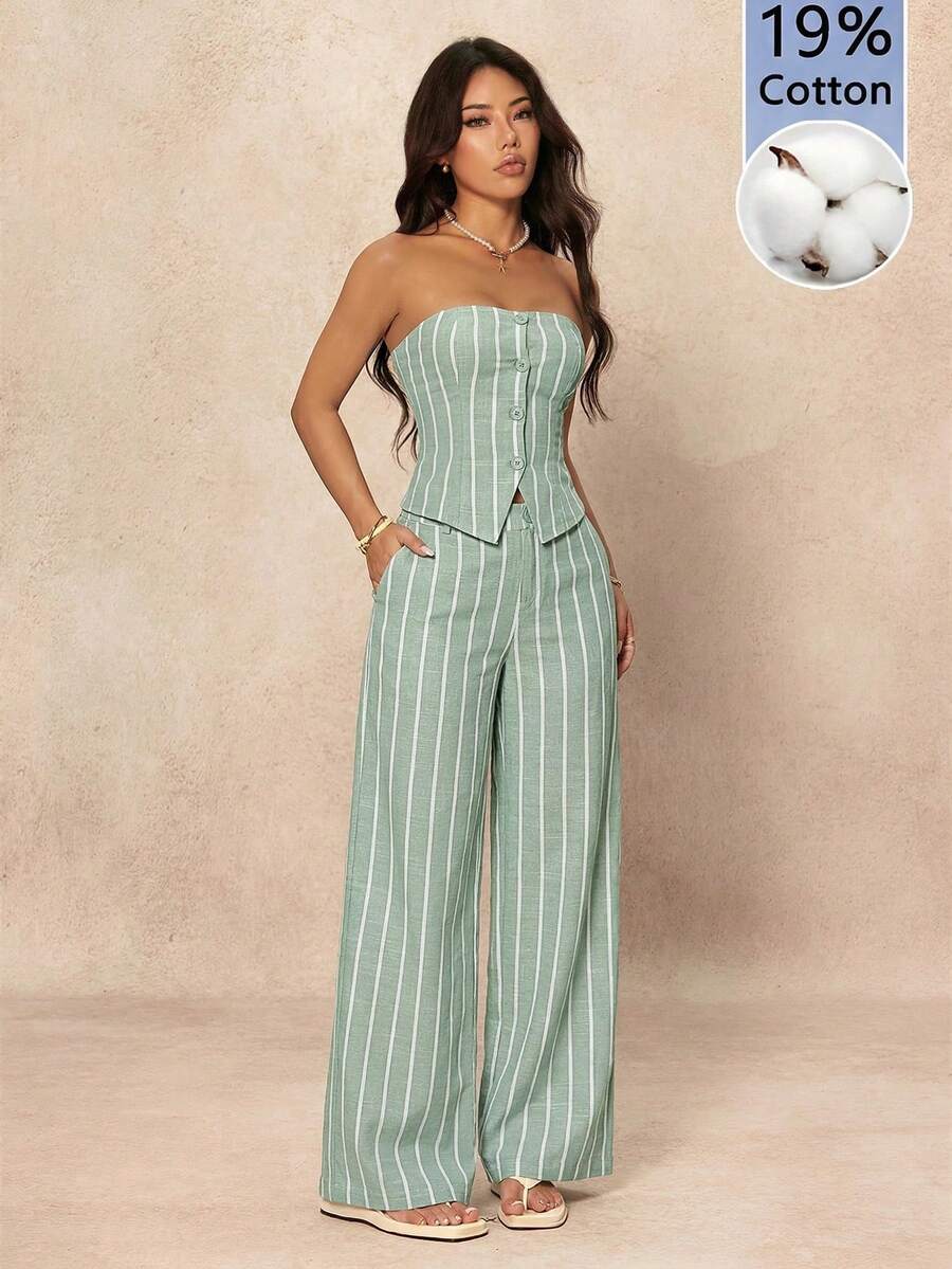 SHEIN PETITE Women's Minimalist Striped Bandeau Top And Pants 2 Pieces Set - Mint Green - View 1