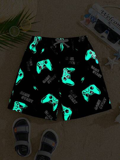 SHEIN Tween Boys' Casual Fashionable Classic Cute Cartoon Game Console Print Loose Beach Shorts, Suitable For Summer, Beach, Outdoor, Swimming
