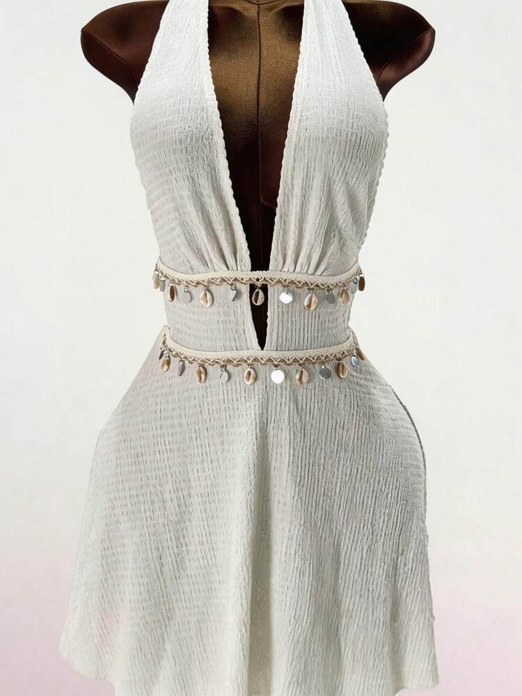SaltGleam SaltGleam Women's Solid Color Halter Tie Backless Sexy Date Golf Party Dress White Summer - Apricot - View 6
