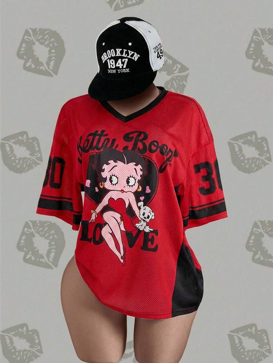 Betty Boop x SHEIN 大码女式V领卡通字母印花休闲百搭日常短袖T恤 - 紅色 - 查看 1