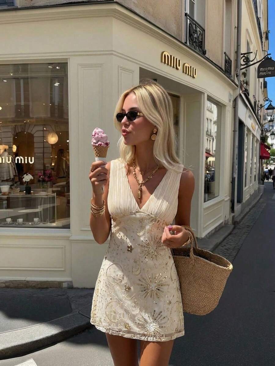 Serisse Đầm không tay thanh lịch cổ chữ V sâu hở lưng đính sequin dành cho nữ - Màu be - Xem 1