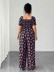 GlowEve CURVE Bộ jumpsuit dài tay phồng, thắt eo họa tiết hoa nhí dành cho nữ cỡ lớn - Hồng - Xem 2
