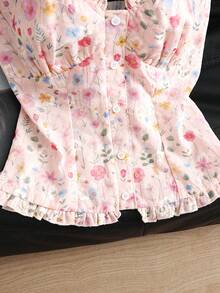 Qadelle Women's 2026 Spring/Summer New Ditsy Floral Embroidery Print Ruffle Trim Short Cap Sleeve Vacation Blouse - Baby Pink - View 5