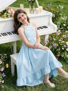 SHEIN Tween Girl Floral 3D Decor Ruffle Hem Halter Neck Dress - Blue - View 4