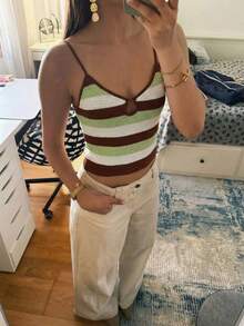 Firerie Top de punto de tirantes con contraste de color a rayas para mujer, verano - Verde - Ver 6