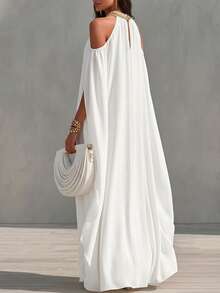 Balvessa 女士露肩金色亮片刺绣装饰V领开衩长袖连衣裙 - 白色 - 查看 2