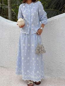 DAZY Women's Casual Striped Embroidered Floral Stand Collar Shirt And A-Line Skirt 2-Piece Set, Spring/Summer - Blue - View 8